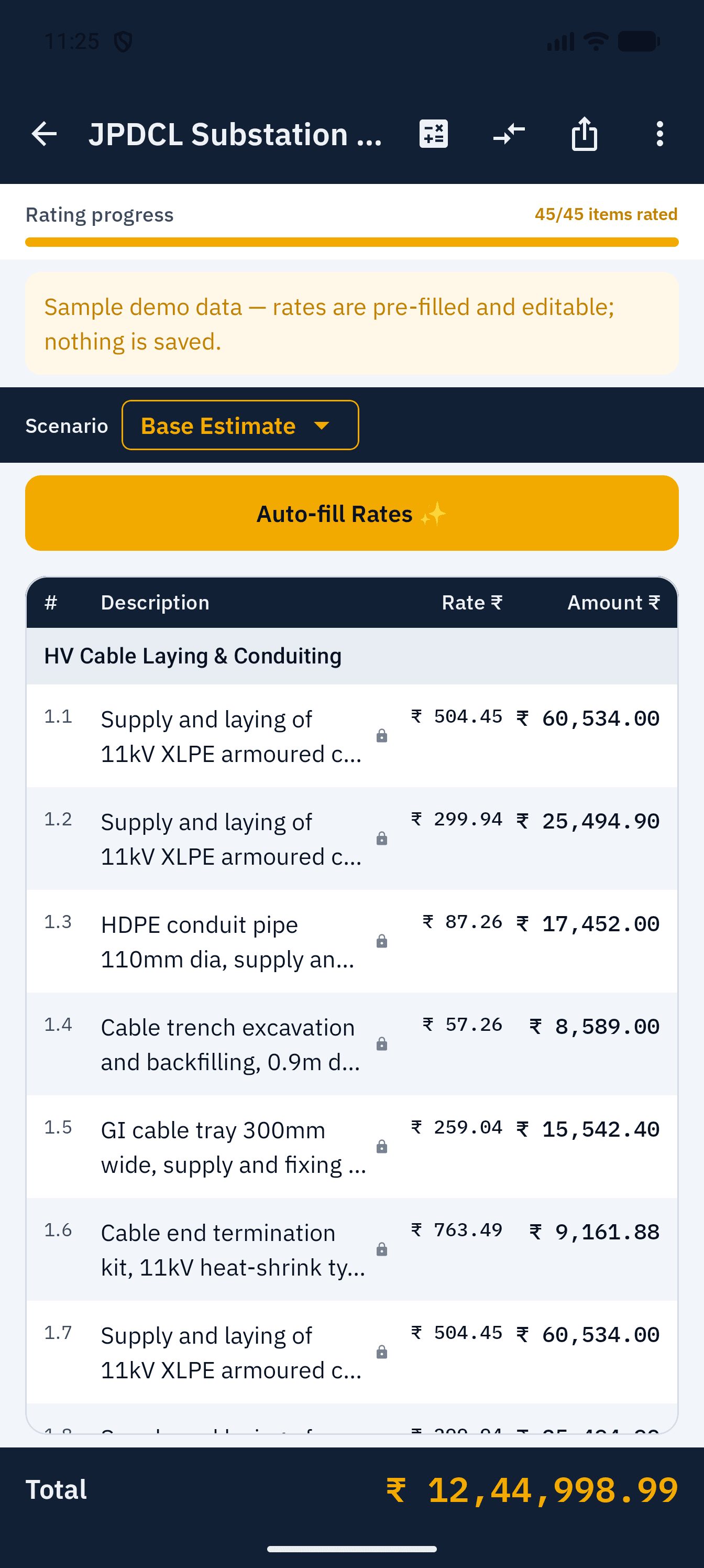 BOQ+ rate-filling screen with a list of BOQ items and rate entry fields
