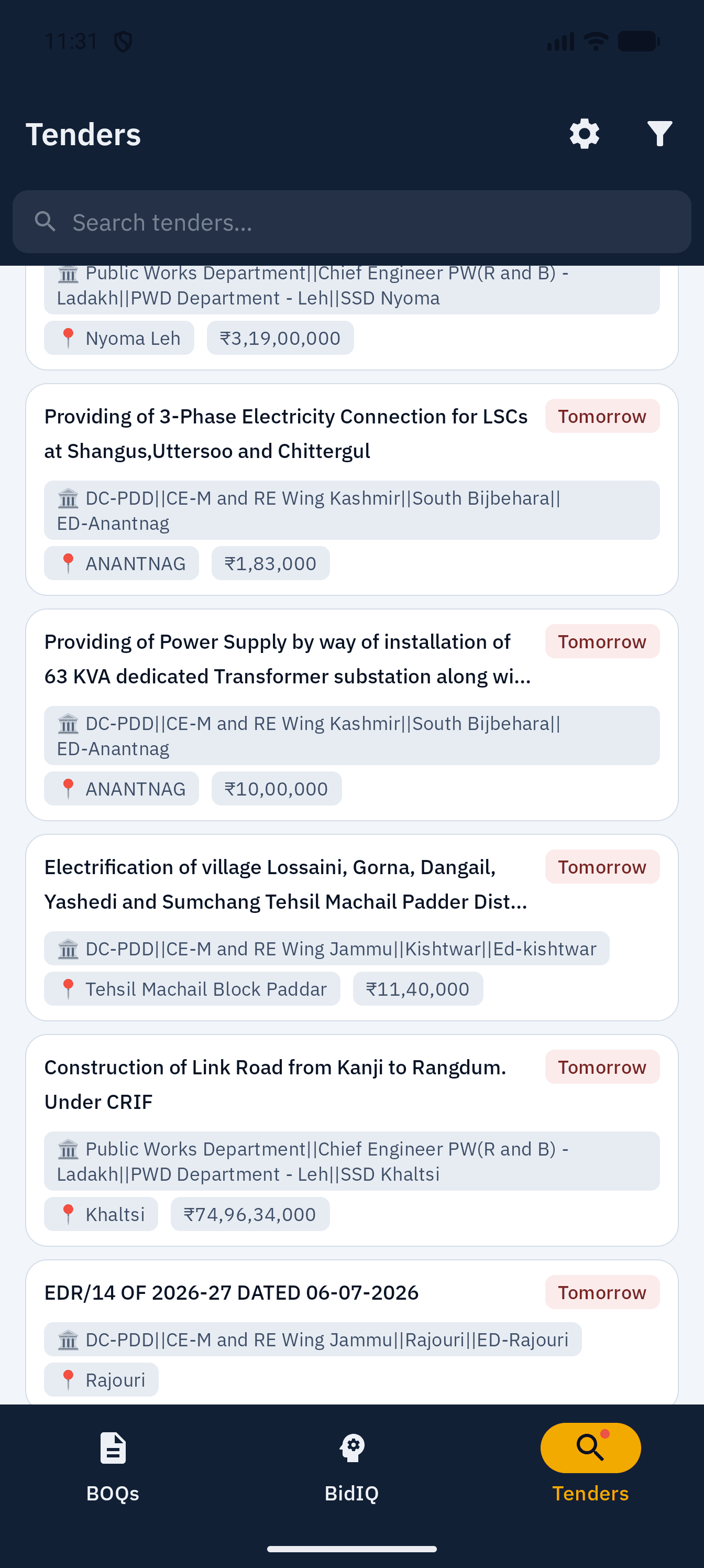 Live tenders list in BOQ+